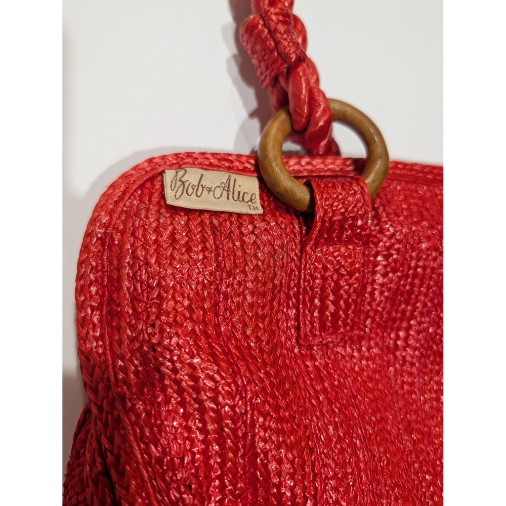 Bob & Alice Red Woven Straw Tote Bag Braided Handles Wooden Rings - Boho Summer - Picture 2 of 5